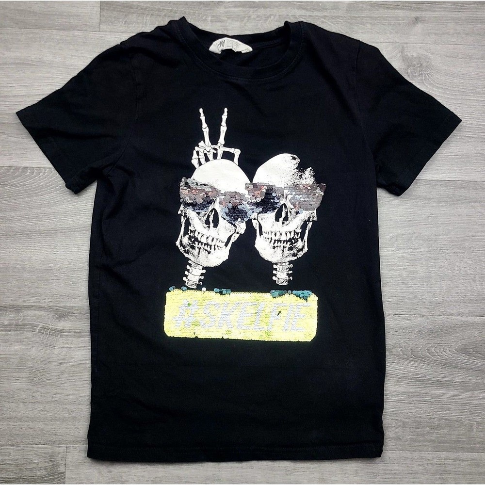 H&M Tee | Black with Skulls and Interactve Sequin Skelfie | Youth 10-12
